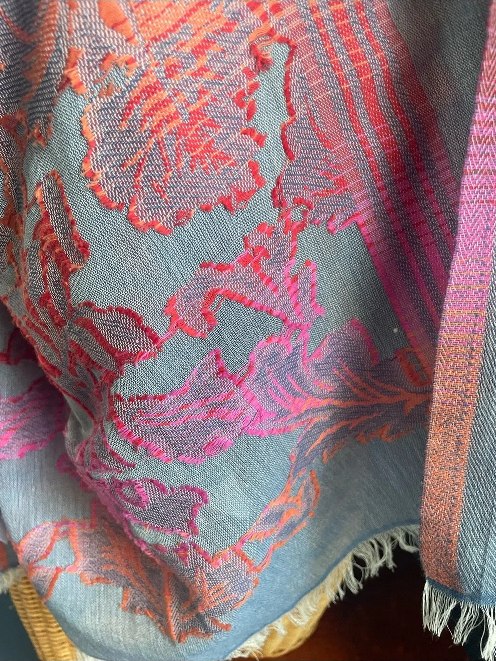 J Jill Very Pretty Ombré Leaves Scarf Jacquard Pink Orange Grey Fringe